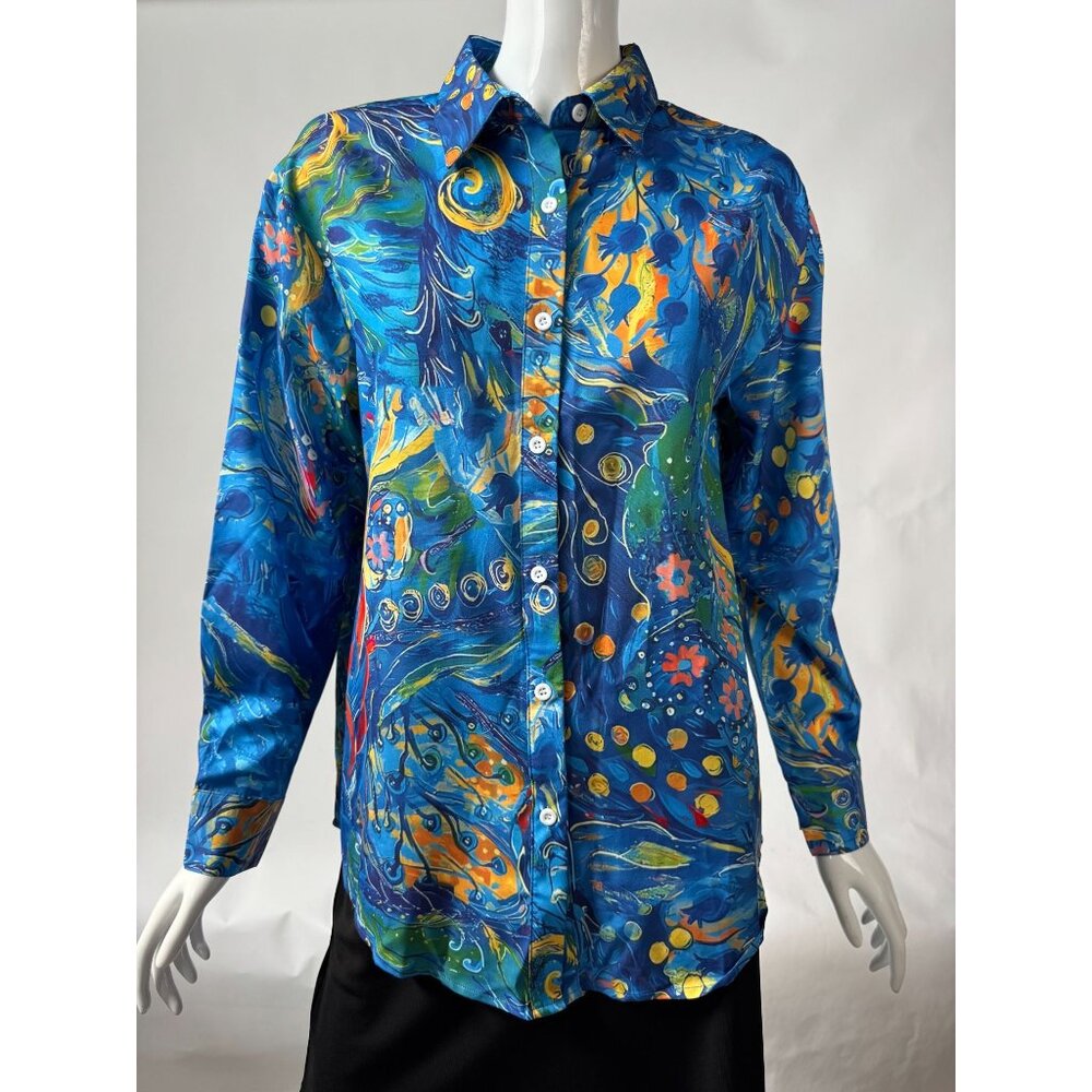 Womens S Button-Up Shirt Blue & Multicolor Abstract Print